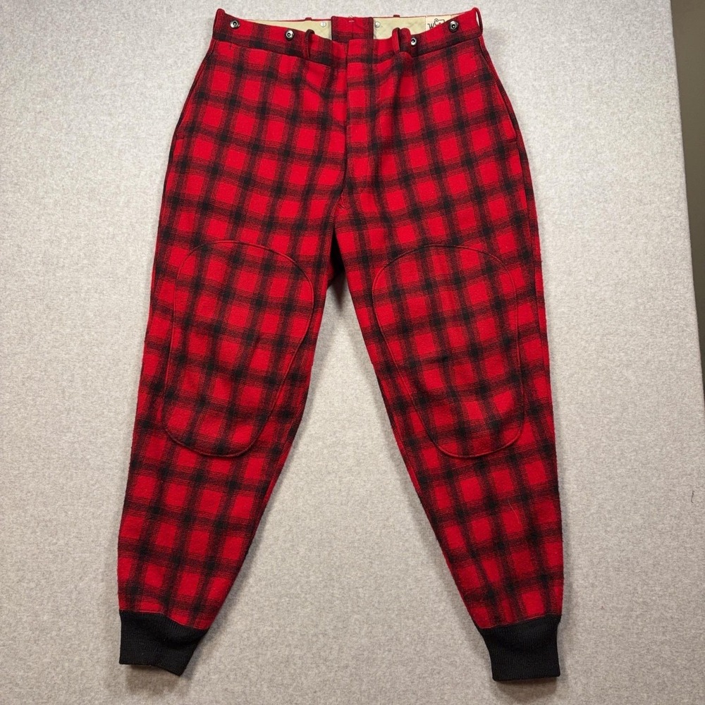 Vintage Woolrich Pants Mens 38x30 Red Plaid Wool Snow Hunting Cuffed Tapered